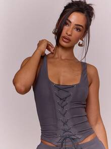 MUSERA 系带前襟修身束身胸衣上衣，性感春夏晚装，可爱优雅，适合约会、节日、度假、伊比沙岛俱乐部等场合。 - 深灰色 - 查看 2