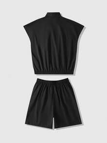 ROMWE MEN Men's Zip-Front Casual Vest And Shorts Set - Black - View 2
