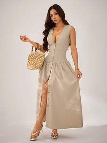 SHEIN PETITE Đầm nữ thanh lịch, tối giản màu kaki giả vải lanh, cổ chữ V, không tay, thắt eo, đầm sơ mi cài cúc phía trước, đầm xòe, đầm thường ngày, đầm phong cách retro, đầm tối giản, đầm đi nghỉ mát. - Màu Khaki - Xem 6