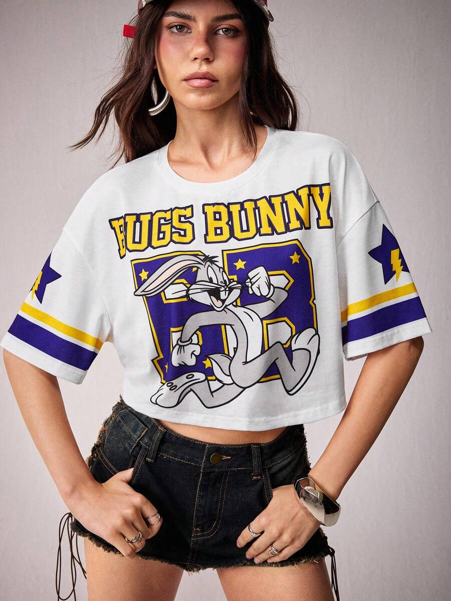 LOONEY TUNES X SHEIN Áo thun nữ tay ngắn in chữ, kiểu dáng thường ngày. - trắng - Xem 1