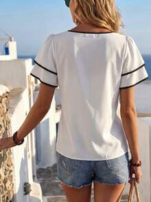SHEIN Holidaya Áo sơ mi nữ tay ngắn cổ bèo nhún kiểu dáng đi nghỉ mát - Nhiều màu - Xem 2