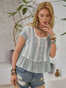 LanaWest Women's Contrast Lace Single-Breasted Ruffle Hem Blouse - Mint Green - View 4