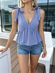 Pariaura Vintage Cute Red & White Gingham V-Neck Top,Bow Strap Open Back Ruffled Hem Cropped Top Cottage Core,Blue And White,Summer,Vacation,Holiday Slim-Fit - Navy Blue - View 4