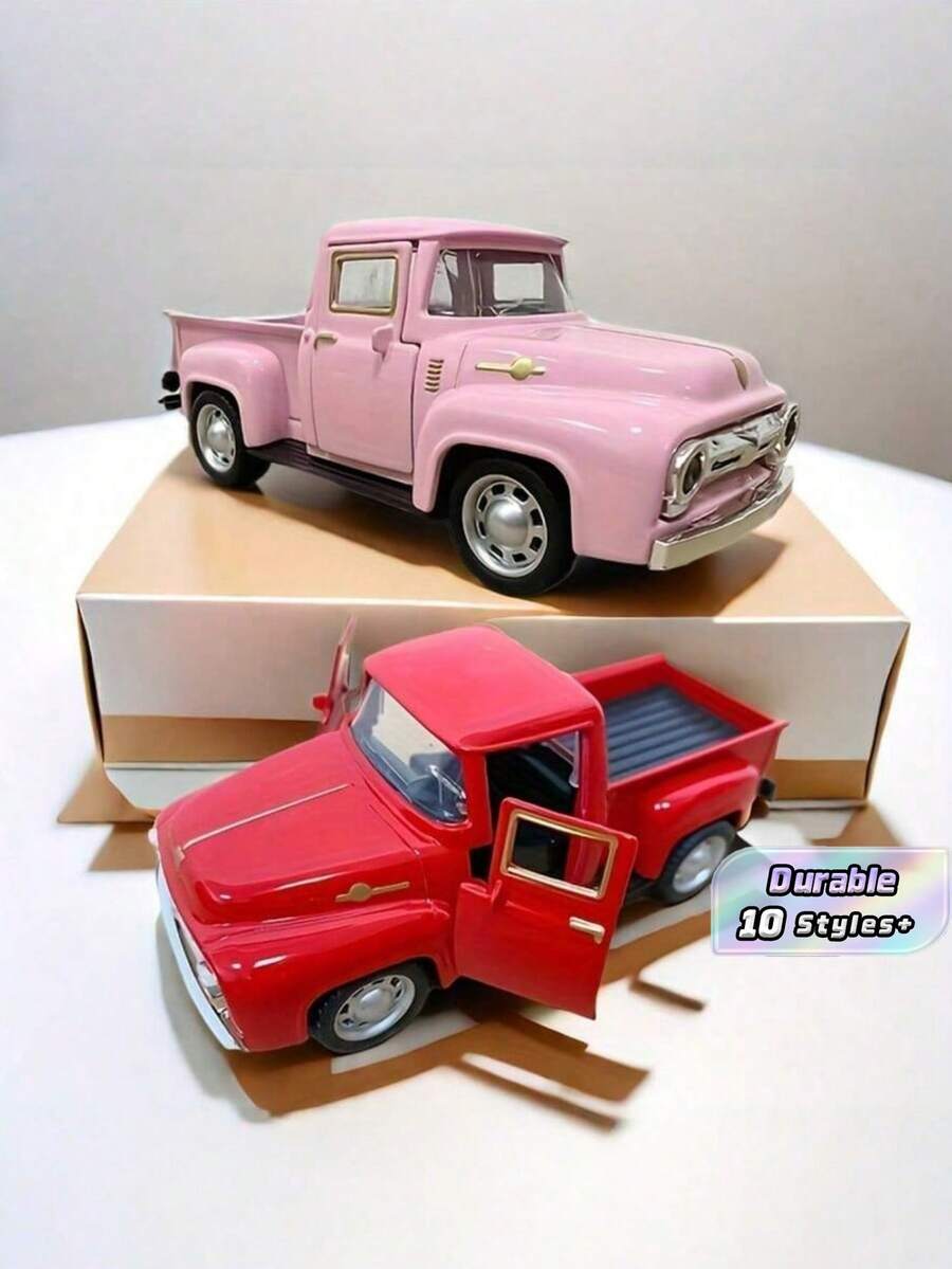 1pc Retro Alloy Metal Pickup Truck Decoration - Pink & Red Classic Car Model With Decor, Openable Doors, Required - Ideal For Home & Office Decor, Toy Vehicle Collection - Multicolor - View 1