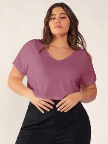 SHEIN BASICS Plus Size Women V-Neck Solid Color Casual Versatile Daily T-Shirt Stay At Home Dusty Pink Summer Tops - Pink - View 6