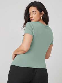 SHEIN BASICS 大码女式纯色圆领短袖休闲百搭T恤 - 薄荷綠 - 查看 2