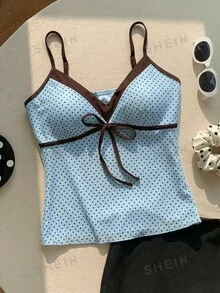 Comfortcana Camiseta de tirantes con estampado de lunares azules y marrones para mujer, primavera/verano - Azul - Ver 4