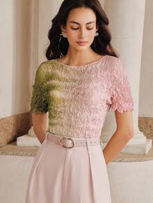 Anewsta Lässiger, pendlerfreundlicher, urlaubstauglicher, date-geeigneter, süßer Farbverlauf Kurzarm Pullover für Frauen - Pink - Übersicht 3