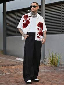 Devon Thys Men's Floral Print Short Sleeve Single-Breasted Cropped Shirt - White - View 1