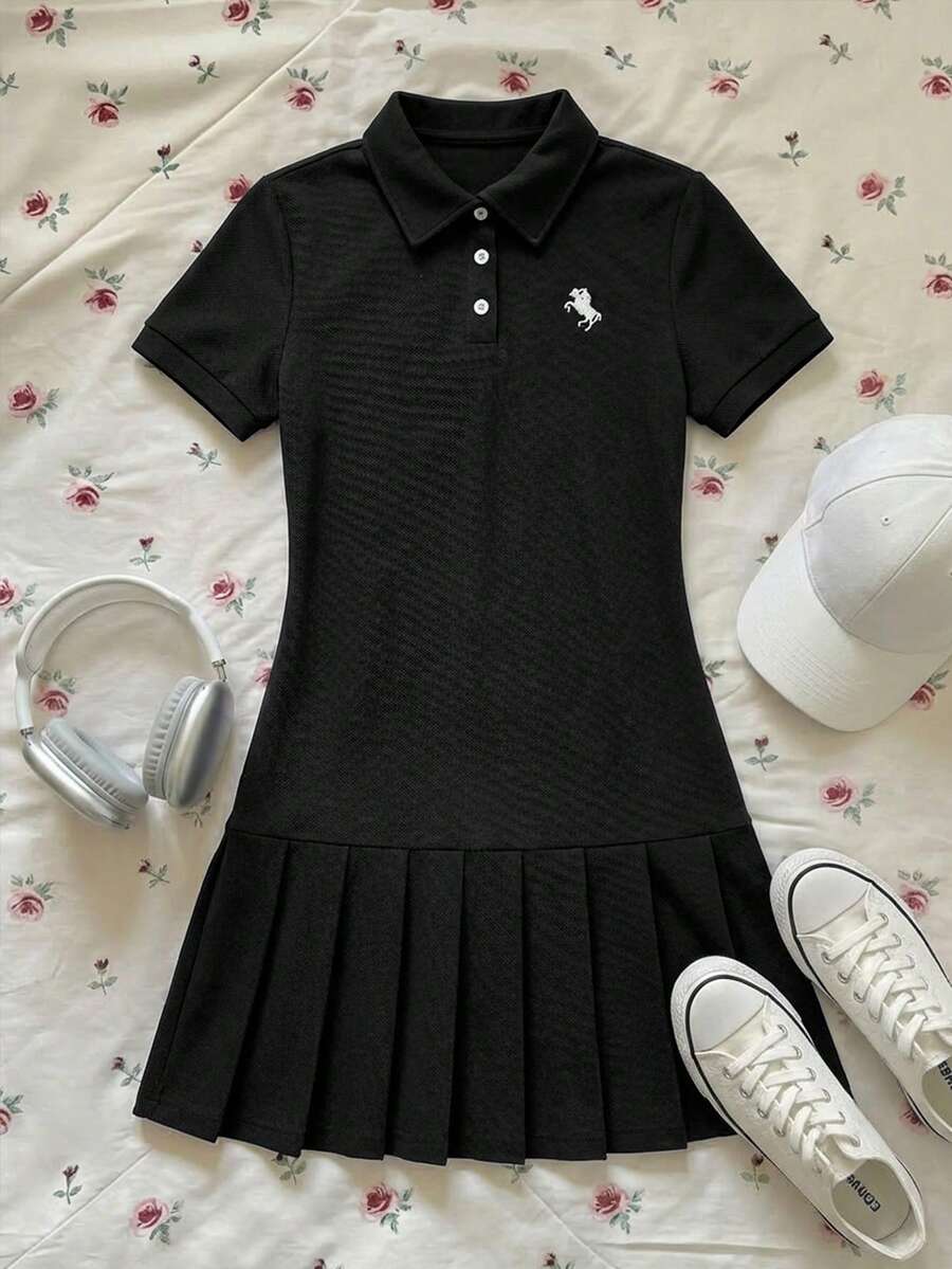 SHEIN Đầm nữ tuổi teen màu đen cổ polo thêu họa tiết, xếp ly, kiểu dáng đồng phục học sinh. - màu đen - Xem 1