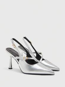 CUCCOO BIZCHIC Women Shoes Silver Metallic Back Strap Shoes, Rhinestone Buckle Decoration, Shining Dinner Party Dating Temperament Pointed Shoes - Silver - View 7