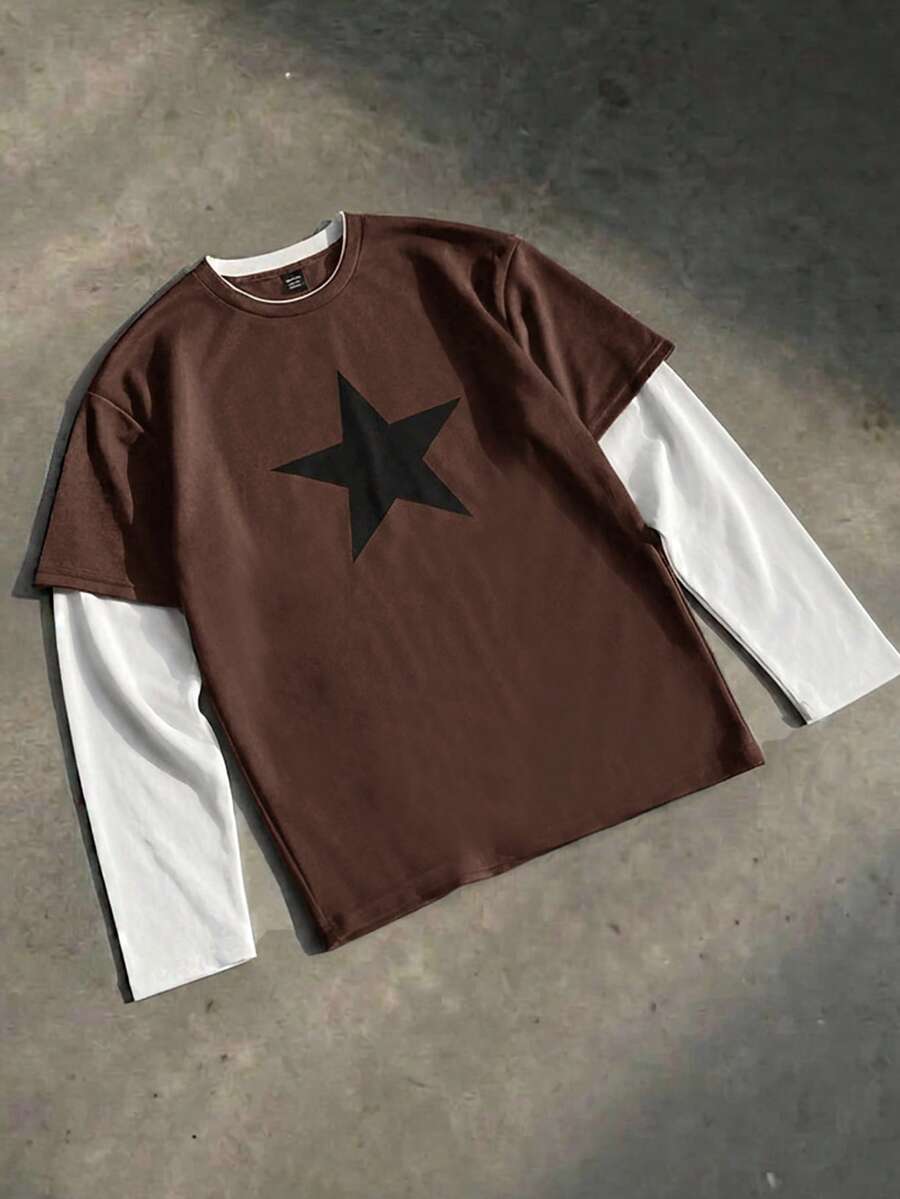 SWAVVY Men's Printed Long Sleeve T-Shirt - Brown - View 1