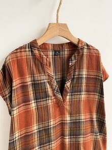 Rusticease Plus Size Women's Plaid Blouse, Autumn 90s 1950s Vintage Hiking Notch Neck Batwing Short Sleeve Loose Fit Tunic Top, Casual Striped Summer Vacation - Multicolor - View 5