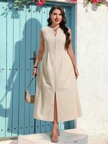 Miaspire Plus Size Women V-Neck Slit Dress - Khaki - View 5