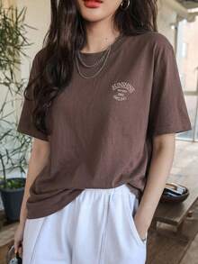 DAZY Letter Printed Short Sleeve T-Shirt - Coffee Brown - View 10