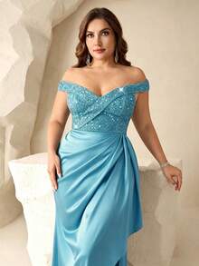 Coutiva Gaun Malam Formal Patchwork Payet Leher V Ukuran Besar (Hiasan Mewah) - Baby Blue - View 5