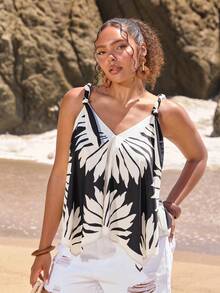 Travachic Top Casual Versátil de Uso Diário com Estampa de Folhas para Mulheres Plus Size - Preto e Branco - Visão 4
