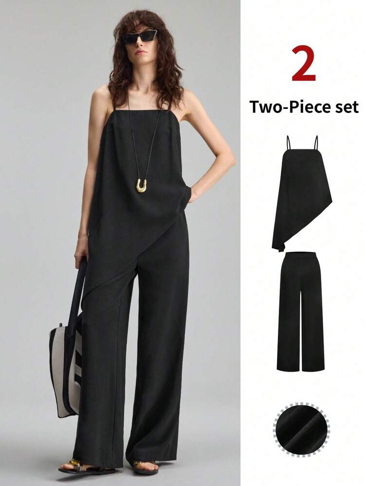 2026SS Women's 2-Piece Set, Consisting Of Spaghetti Strap Top And Wide Leg Pants, Asymmetric Design, Loose Fit, Solid Color Black, Minimalist Elegant Urban Chic, Flowy Smooth Design, Square Neck Adjustable Strap, Elastic Waist Pants, Suitable For Outings, Vacations, Parties, Weddings, Offices, Schools, Versatile Fashion