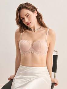 Hourtrue Pink Sexy Lace Trim Underwire Bra, Padded Push Up Bra With Removable Straps For Small Bust - Pink - View 5