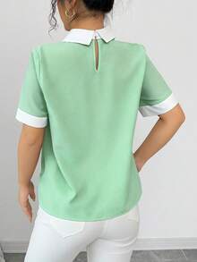 SHEIN Clasi 女款拼色珠飾領短袖襯衫 春夏辦公早午餐薄荷綠優雅風 - 薄荷綠 - 查看 2
