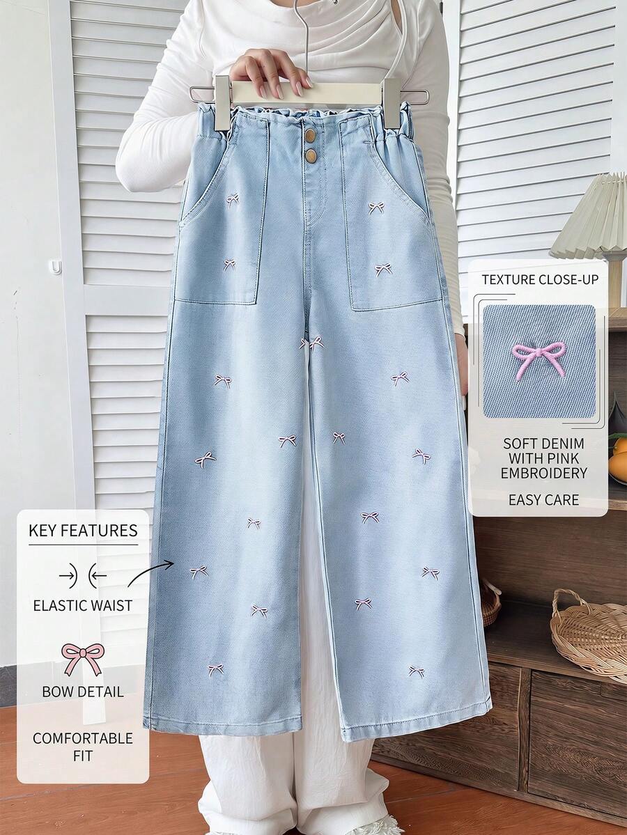 Girls Y2K Style Distressed Light Washed Loose Casual Jeans With Cute Embroidered Bowknot, Practical & Fashionable Straight Leg Design For Daily Wear Fall Winter