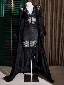 Slumberist 3D Floral Decor Jacquard Mesh Maxi Robe + Fish Bone Waist Design Rhombus Mesh Ruffle Hem High Slit Fish Tail Long Nightgown 2 Pieces Set - Black - View 7