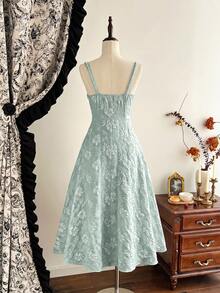 Vintamour Đầm nữ cổ điển thanh lịch, đầm jacquard ôm dáng mùa xuân/hè, đầm đính ngọc trai, đầm hai dây, đầm xòe, màu trắng sữa. - Màu xanh Bạc hà - Xem 3