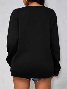 SHEIN LUNE Damen Rundhals-Sweatshirt mit Mond- und Stern-Astronomie-Muster, Langarm, Bohemian, verträumtes und modisches Essential - Schwarz - Übersicht 2