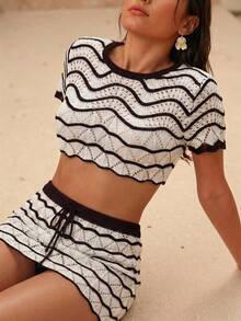 Swim Chiccia Women's Summer Round Neck Hollow Striped Short Sleeve Beach Cover-Up - Brown - View 4