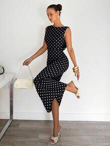 Siren Gaze Black And White Polka Dot Midi Dress, Sleeveless, Fitted, Halter Neck, Backless Party Holiday, Summer Vacation Evening Gown 70s Retro Elegant - Black - View 5