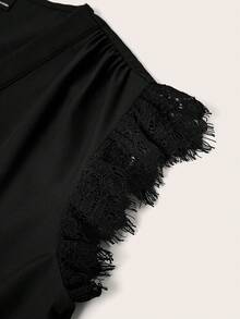 SHEIN LUNE Casual Minimalist Style Black Shirt With Lace Sleeve Decor, Versatile For Spring/Summer,Summer Top - Black - View 3