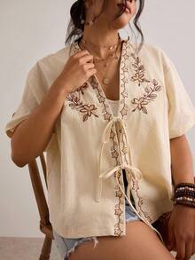 Freevana Plus Size Women Floral Embroidery Short Sleeve Tie Front Shirt - Apricot - View 7