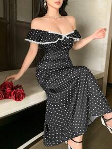 DAZY Đầm nghỉ mát ren chấm bi dành cho nữ, đầm midi dáng chữ A cổ vuông thắt eo kiểu retro. - màu đen - Xem 6