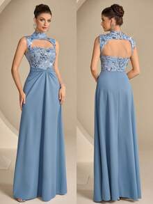 Coutiva Women's Floral Sequin Hollow-Out Formal Evening Gown,Elegant High-End Sleeveless Luxury Party Dress For Wedding,Graduation Ceremony & Ball Ceremony - Dusty Blue - View 1