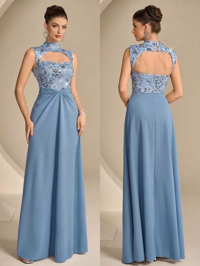 Coutiva Women's Floral Sequin Hollow-Out Design Glamorous Formal Evening Gown