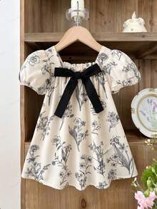 SHEIN LMoss Kids Baby Girl Woven Ditsy Floral Square Neck Puff Sleeve Casual Dress - Black and White - View 4