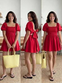 Enliva Abidrinkell Plus Size Spring/Summer Plain Round Neck Cute Sweet Princess Style Minimalist Campus Romantic Vacation Beach Valentine's Day Easter Wedding Hollow Back Bow Lantern Sleeve Dress, For Apple Rounded Body Shape - Red - View 4