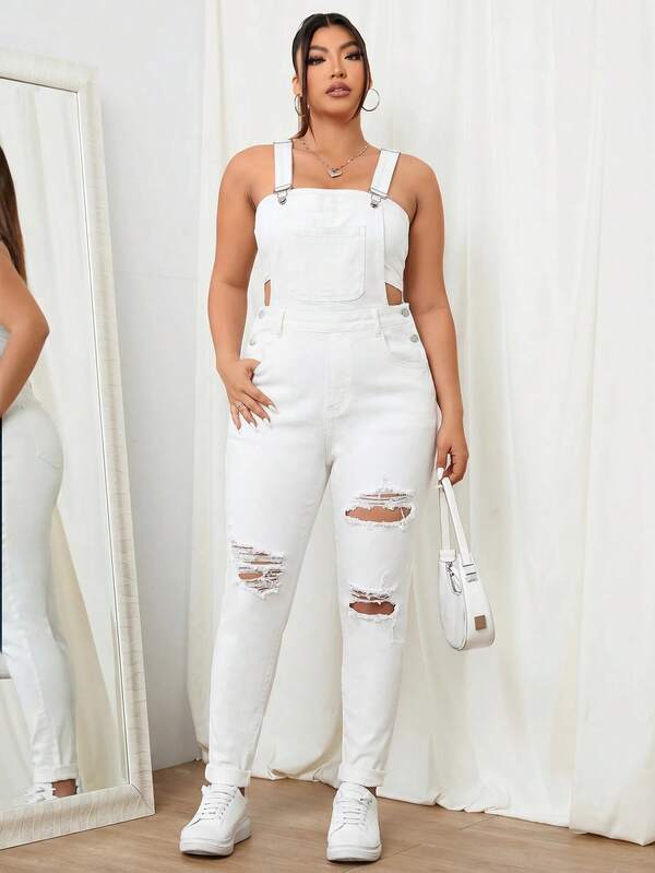 SHEIN EZwear Plus Size Women Casual Distressed Denim Jumpsuit