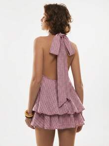 Poéselle Women's Plaid Print Halter Backless Casual Mini Dress - Pink - View 2