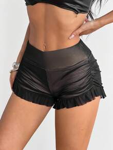 SHEIN ICON Women's Solid Color Ruffle Hem Fashionable Shorts - Black - View 2