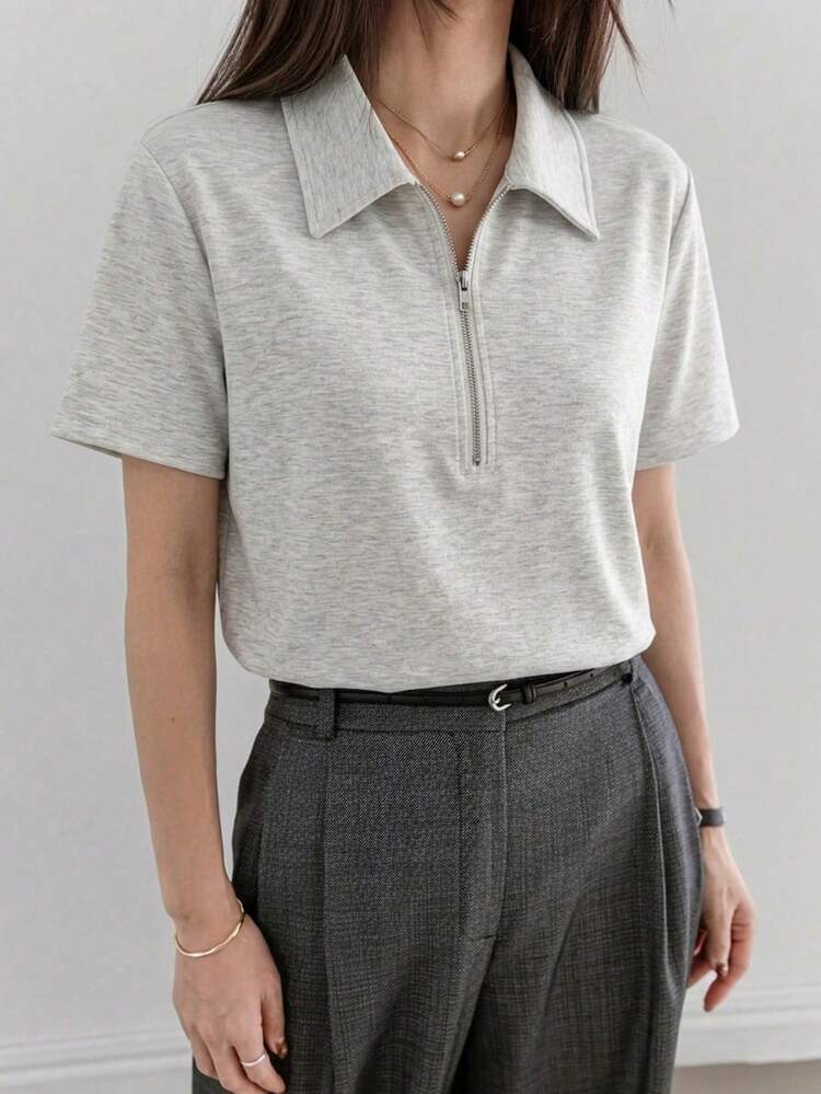 Women's Casual Solid Color Minimalist Half-Placket Short Sleeve T-Shirt Business Casual Woman