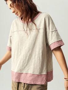 Bohemela Kaos Rajut Kasual Motif Blok Warna Leher Bulat Longgar Lengan Pendek untuk Wanita - Aprikot - View 3