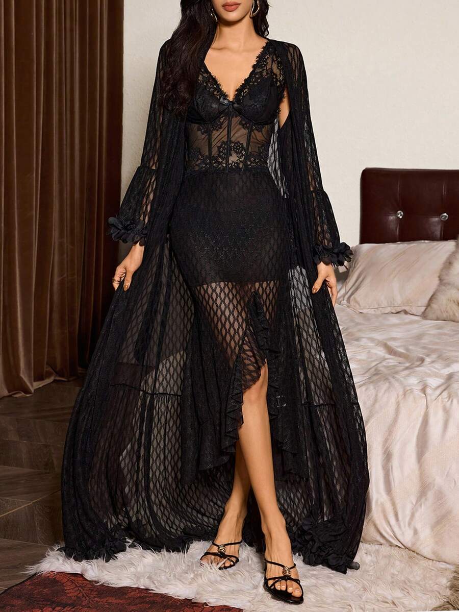 Slumberist 3D Floral Decor Jacquard Mesh Maxi Robe + Fish Bone Waist Design Rhombus Mesh Ruffle Hem High Slit Fish Tail Long Nightgown 2 Pieces Set - Black - View 1