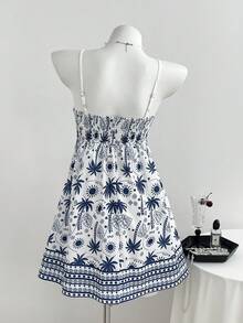 Elamini Đầm hai dây ngắn in họa tiết retro, hở lưng, cổ chữ V, dây rút, gợi cảm mùa hè. - Màu xanh lam - Xem 2