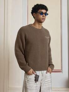 SWAVVY Men's Casual Letter Embroidery Round Neck Ribbed Knit Drop Shoulder Sweater, Autumn/Winter - Brown - View 3