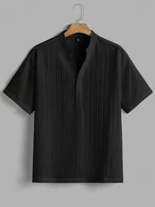 Manfinity Homme 男士夏季休闲度假通勤纯色纹理面料短袖衬衫和抽绳腰短裤套装 - 黑色 - 查看 3