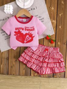 Set 2pcs/Set Kaos Kasual Rajut Warna Polos Kerah Bulat dan Celana Pendek Kotak-kotak untuk Anak Perempuan, - Merah - View 7