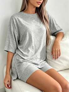 INAWLY Solva Women's Solid Color Short Sleeve Top And Shorts Casual Daily Outfit - Grey - View 2