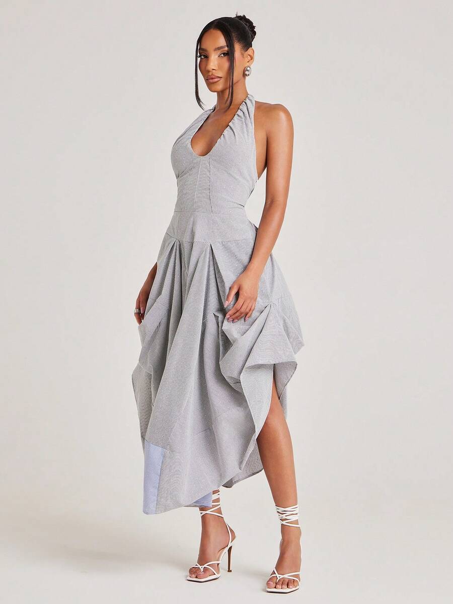 NYA SZN Đầm midi cổ yếm xếp ly màu trơn dành cho nữ, thời trang cho các buổi hẹn hò và tiệc tùng. - Nhiều màu - Xem 1