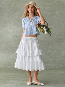 WESTFADE Áo ngủ babydoll xếp tầng, cổ nhún, thắt nơ phía trước, in họa tiết hoa. - Nhiều màu - Xem 5
